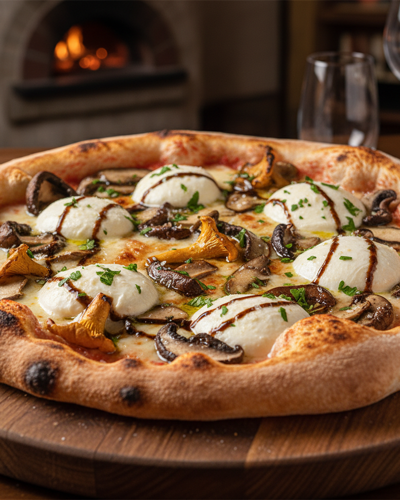 Artisanal pizza with earthy mushrooms, fresh mozzarella, and aromatic truffle oil