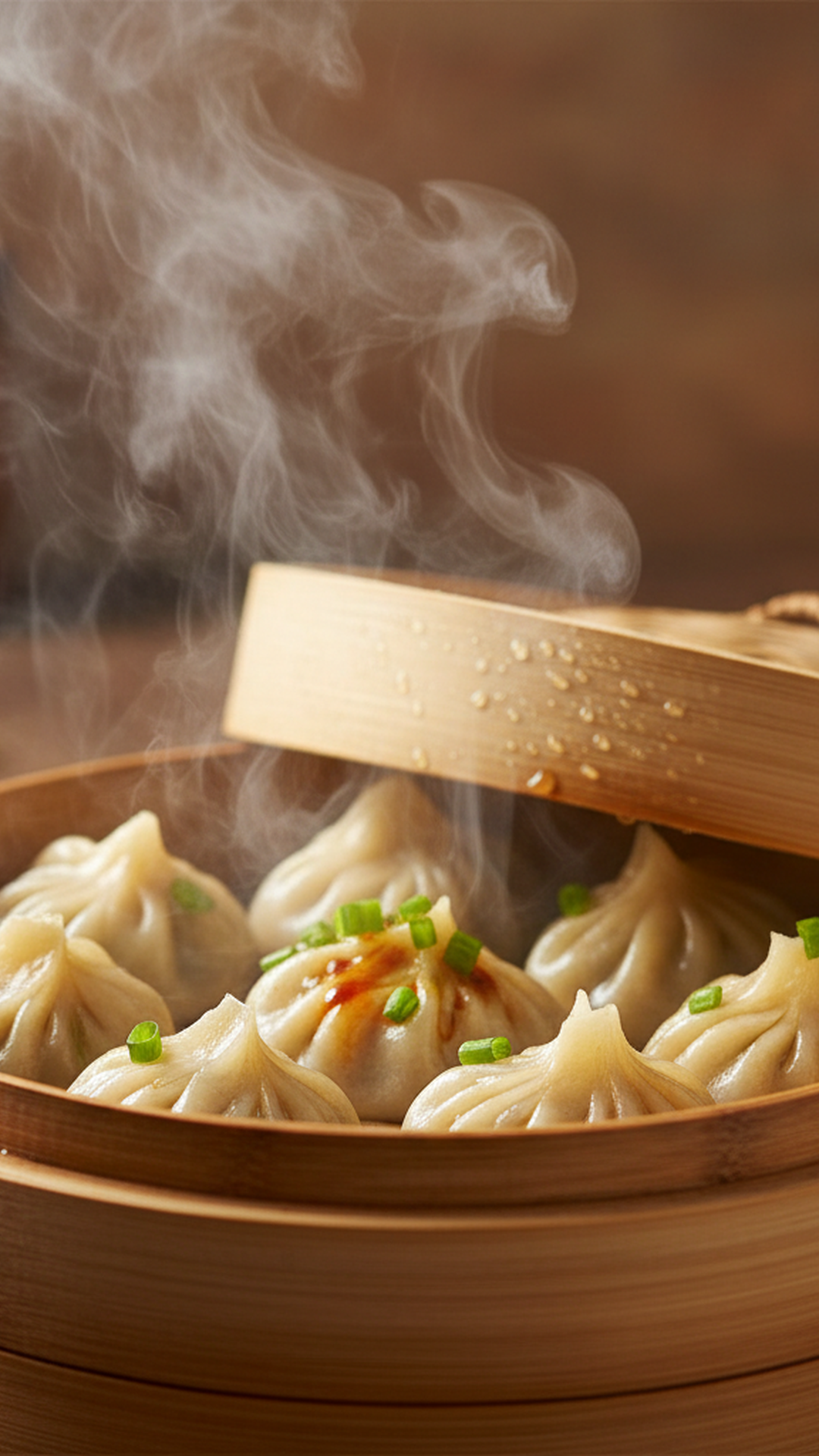 Close-up vertical shot of steam rising from freshly pleated Momos in a bamboo steamer